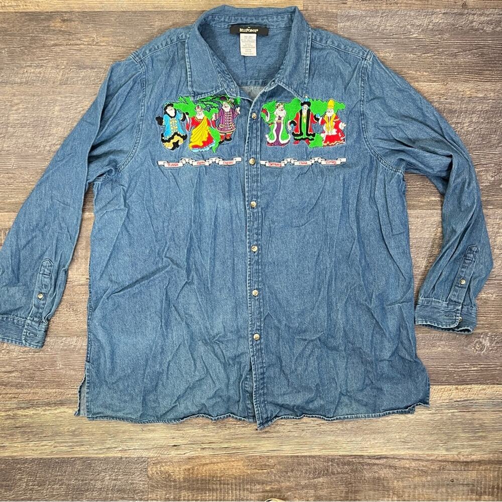 Denim Long Sleeve Shirt with  Embroidered Santa Clauses size XXL B135